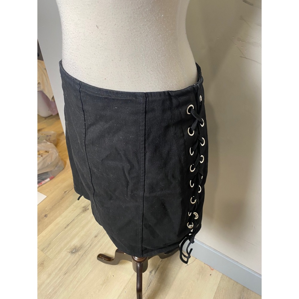 French Kiss Womens 1X Black Denim Lace Up Side Mini Skirt Goth Edgy Punk
